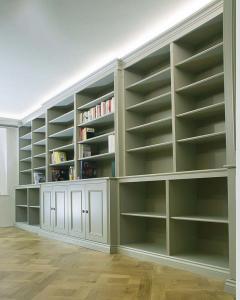 Large wall to wall built in Bookcases and cupboards in a traditional style painted in Farrow & ball mouses back