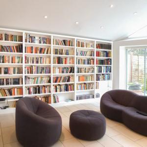 Home Library shelving along wall in bright room
