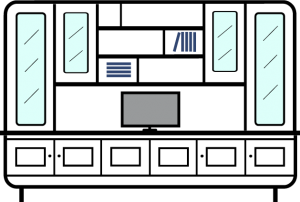 +3.0m--6-door---asymmetrical--bookcase-with--upper-outer-glazed-dispay-cupboards-inner-half-glazed-display---TV-Space---Open-display-area