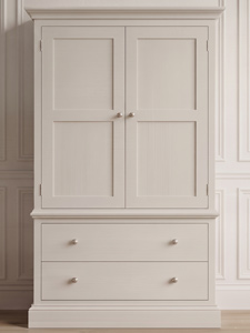 A face-on sample photo showcasing a traditional two-door wardrobe featuring a 2-panel Shaker door design built seamlessly above two stacked full-width base storage drawers.
