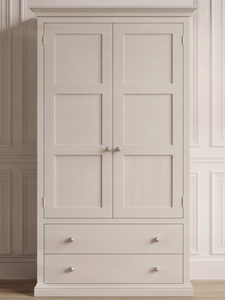 A face-on sample photo showcasing a traditional two-door wardrobe featuring a 3-panel Shaker door design built seamlessly above two stacked full-width base storage drawers.