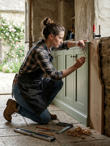 Cabinet maker scribing fitted furniture to an uneven stone wall in an old Cotswold property