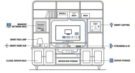 Cable management diagram for fitted TV unit with electric fire — concealed AV storage, smart lighting and streaming integration