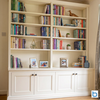 Double built-in alcove unit with twin column bookcase shelving fitted into Victorian chimney breast alcoves