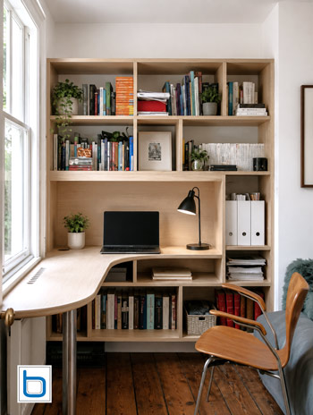 Custom high-grade Birch Plywood built-in cupboards and integrated alcove study desk extending across a window with open shelving.