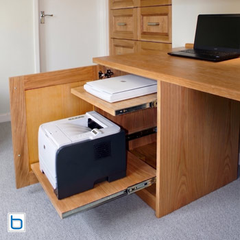Fitted Oak home office base cabinet with pull-out printer tray and concealed equipment storage on full extension runners