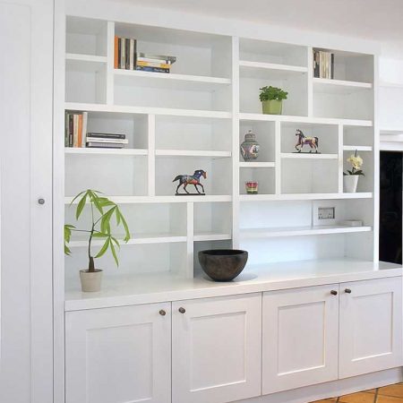 Modern fitted alcove cabinets with asymmetrical shelving contemporary handle-less design