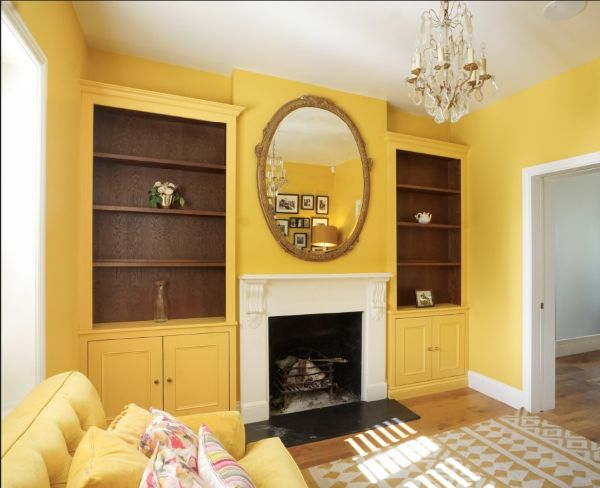 Sunburst Yellow Painted alcove Cupboards with Dark Oak bookcase shelves