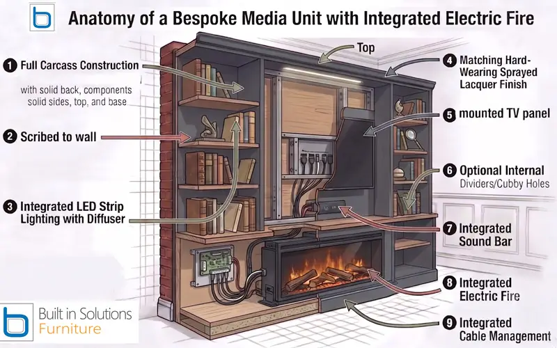 An architectural cutaway diagram illustrating the anatomy of a custom built-in media wall unit, showcasing full carcass construction, integrated LED lighting, AV cable management, and an integrated electric fire.