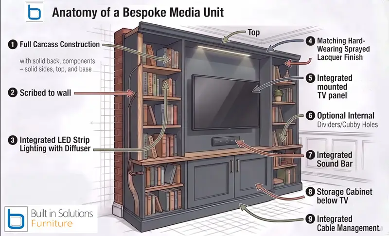 An architectural cutaway diagram illustrating the anatomy of a custom built-in media wall unit, showcasing full carcass construction, integrated LED shelf lighting, and a lower storage cabinet configuration below a mounted TV.