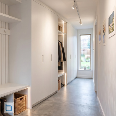 Bespoke white built-in cabinets configured for hallway and boot room storage featuring floor-to-ceiling seamless wardrobes, an open coat hanging niche with vertical LED lighting, and a storage bench.