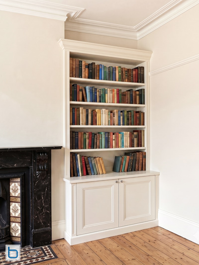 Bespoke white living room alcove cupboards featuring traditional panelled lower doors and fitted open library bookshelves filled with books besides a classic black fireplace.