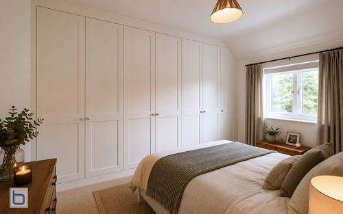 Luxury bespoke fitted wardrobes in a master bedroom, featuring an elegant six-door hand-painted Shaker design built floor-to-ceiling alongside a neatly dressed bed with neutral tones and sloped ceilings.