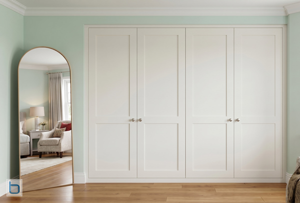 Bespoke four-door White Shaker wardrobes featuring classic recessed panelling and simple silver knobs, fitted wall-to-wall in a bright room beside an arched floor mirror.