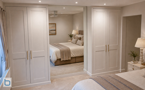 Luxury custom built-in wardrobes flanking a large, floor-to-ceiling central mirror pane, featuring classic two-panel white Shaker doors with elegant gold bar handles in a modern bedroom setting.
