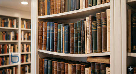 Close-up of a white painted bookshelf bowing significantly under the heavy load of a book collection.