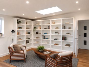 Custom white wrap-around corner bookshelves fitted floor-to-ceiling in a modern reading lounge.