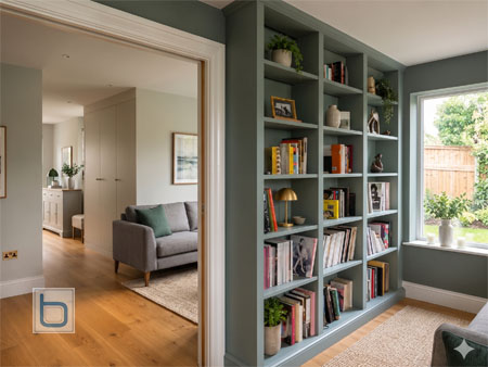 Fitted floor to ceiling bookcase in sage green beside a doorway — shelving in a transitional hallway space connecting living areas