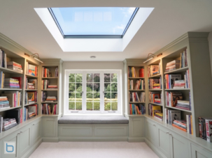 Fitted home library painted in Farrow and Ball Mizzle with floor-to-ceiling bookcases, integrated window seat, rooflight and inset panel base cupboards, Victorian extension