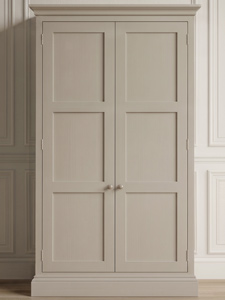 A face-on sample photo showcasing a traditional two-door wardrobe configuration featuring a contemporary 3-panel Shaker door style design with round knobs, crown cornice, and a molded base.