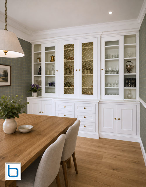Grand Victorian inspired fitted dining room furniture with breakfront section glazed cabinets, brass handles and drinks cabinet