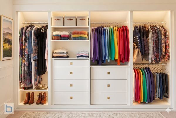 The fully open interior of a large white fitted wardrobe system showcasing custom configurations including multiple hanging rails, integrated chest of drawers, shelving, and storage baskets and LED lighting all around