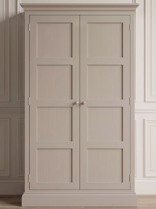A face-on sample photo showcasing a traditional two-door wardrobe configuration featuring a classic single-panel Shaker door style design with a wide integrated base drawer.