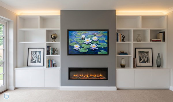 Bespoke modern living room furniture featuring handleless white lower cupboards, open asymmetric display shelving, a grey false chimney breast with a recessed TV, and an integrated electric fire.