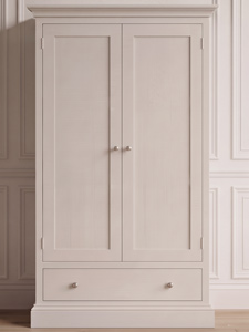 A face-on sample photo showcasing a traditional two-door wardrobe configuration featuring a classic single-panel Shaker door style design with a wide integrated base drawer.