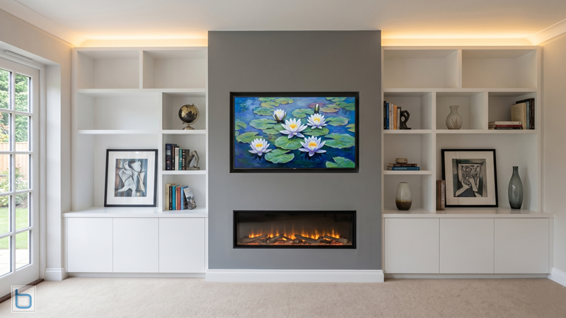 A custom-built white media wall flanking a central grey chimney breast with an integrated television and electric fireplace, featuring minimalist base cabinets and open shelves with warm top uplighting.