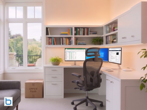 Contemporary bespoke L-shaped home office workspace featuring integrated white desks, fitted storage drawers, and floating corner shelving with LED lighting