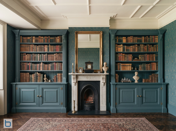 A sample photo showcasing custom built-in alcove library bookcases painted in a deep blue-green hue, featuring ornate Victorian details and lower storage cupboards on either side of a marble fireplace.