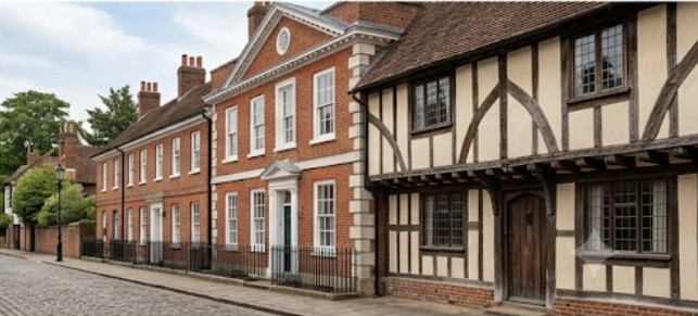 A street view of historic village houses, showing a traditional timber-framed cottage with exposed dark wooden beams next to grand red brick Georgian houses with classic white sash windows.