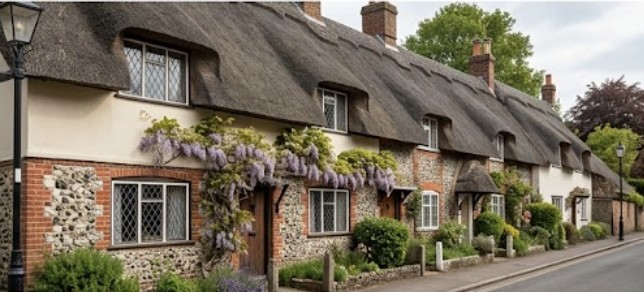 A row of old brick and flint country cottages with large thatched roofs, featuring small multi-pane windows, a wooden front door, climbing purple wisteria, and a neat street pavement.