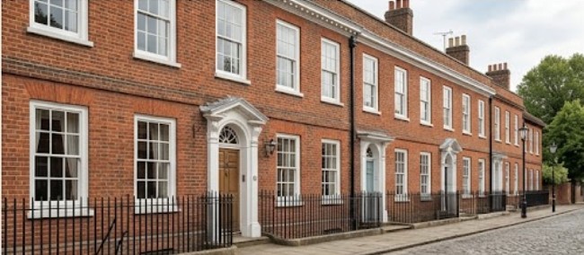 A row of traditional red brick Georgian townhouses on a street, featuring classic sash windows, decorative front door surrounds, black iron railings, and a cobbled pavement.