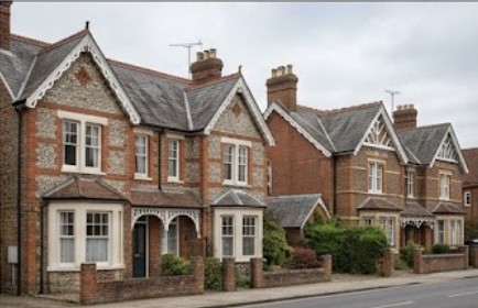 A street view of classic semi-detached Victorian brick houses in Wash Common, featuring ground-floor bay windows, slate roofs, and decorative wooden porch details.