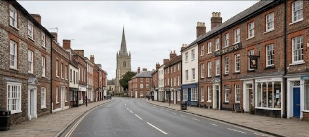 A wide-angle photo view looking down a historic curved street of Georgian architecture in Speenhamland, featuring an old coaching inn and distant church spire