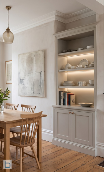 A transitional bespoke alcove cupboard painted in warm greige, featuring a traditional shaker base cabinet and open display shelves with recessed LED strip lighting in a refined dining room setting.