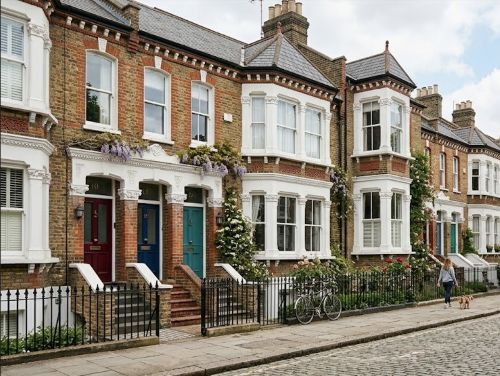 A row of classic Victorian terrace houses featuring red brickwork, white bay windows, and black iron railings along a cobbled street.