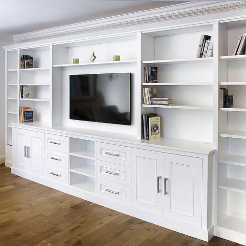 Built in cabinets around TV with shelving