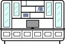 +3.0m--6-door---asymmetrical--bookcase-with--upper-outer-glazed-dispay-cupboards-inner-half-glazed-display---TV-Space---Open-display-area