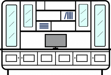 +3.0m--6-door---asymmetrical--bookcase-with--upper-outer-glazed-dispay-cupboards-inner-half-glazed-display---TV-Space---Open-display-area