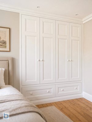 Bespoke white Victorian wardrobes featuring traditional multi-panelled doors, integrated lower storage drawers with round matching knobs, and seamless cornicing over timber flooring.