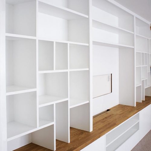 Modern living room cabinets and contemporary shelving with asymmetrical shelves